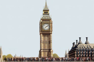 Big Ben 'in ikonik saat kulesi Londra, İngiltere' deki kalabalık kalabalığın üzerinde duruyor. Bu görüntü, güneşli bir günü meşhur şehir simgesinde, seyahat, turizm ya da......