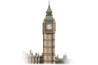 Birleşik Krallık, Londra 'daki ikonik Big Ben saat kulesinin temiz beyaz arka planda çekilmiş detaylı bir çizimi. Tasarım projeleri, seyahat makaleleri ve Londra 'nın mimarisi için mükemmel..