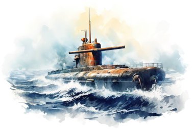 Eski bir suluboya tablo, dalgalı okyanus dalgalarıyla savaşan yıpranmış bir denizaltıyı tasvir eder. Bu sanatsal illüstrasyon denizcilik, denizcilik ve tarihi temalar için idealdir. Bu güçlü sanat eseriyle macerayı keşfet..