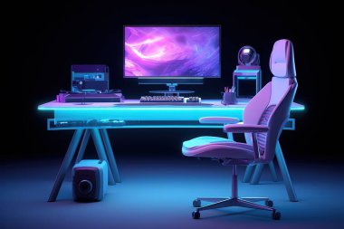 Kendinizi parlak neon ışıklandırmalı bir oyun masasına daldırın. Bu modern çalışma alanı, oyuncular ve flamalar için mükemmel bir ergonomik oyun sandalyesine sahiptir. İhracat için ideal....