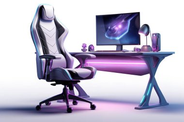 Pürüzsüz, izole edilmiş, ergonomik bir sandalye ve parlak mor neon ışıkla yıkanmış parlak bir masa. Oyun odası tasarımı, esportlar, görsel ya da modern tasvirler için mükemmel....