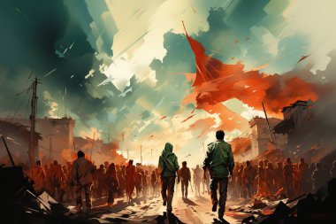 Çarpıcı bir kavramsal illüstrasyon, felaketten öngörülen bir kırmızı bayrak altında uzaklaşan siluetli bir kalabalığı tasvir ediyor. Toplumsal huzursuzluk ve devrimi çağrıştırmak, kriz, çatışma ve...