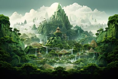 Pagoda tapınakları, yemyeşil şelaleler ve şelalelerin yer aldığı Asya 'dan esinlenilmiş bir dağ manzarasının dingin güzelliğini deneyimleyin. Bu manzara zen ve barışçıl ruhaniliği çağrıştırıyor, seyahat, turizm ve...