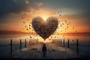Kelebeklerden oluşan nefes kesici bir kalp gün batımında bir iskelede yüzer, aşk ve romantizmi simgeler. Bu rüya gibi görüntü, sanatsal projeler için umut ve ilham uyandırıyor....