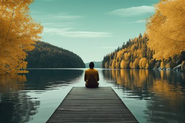 Bir adam ahşap bir rıhtımda, canlı sonbahar yapraklarıyla çevrili bir göle bakarken yalnızlık bulur. Bu manzara seyahat, sağlık ve meditasyon için huzur ve sükuneti yakalar..