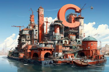 Canlı, detaylı bir illüstrasyon, suyun üzerinde yüzen fantastik bir sanayi şehrini gösteriyor. Steampunk 'tan esinlenilen mimaride, dev bir kırmızı harfle dramatik bir gökyüzü altında binalar ve botlar yer alıyor....