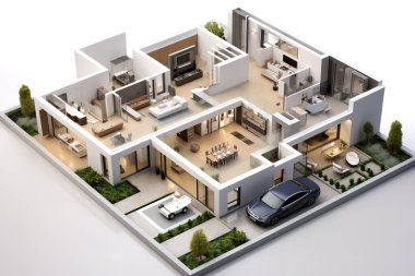 Modern bir mimari zemin çizimi, iç tasarım ve dış mimari tasarım. Bu 3D tasarım, çağdaş bir evin perspektif taslağını sunar, gayrimenkul ve tasarım kavramları için kullanışlıdır.