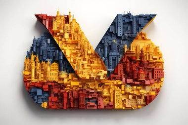 Canlı, üç boyutlu şehir manzarası modern, soyut bir mimari illüstrasyon sunar. Bu renkli tasarım stilize binalar, geometrik kentsel yapı konsepti, tasarım, sanat veya yaratıcı projeler için mükemmeldir..