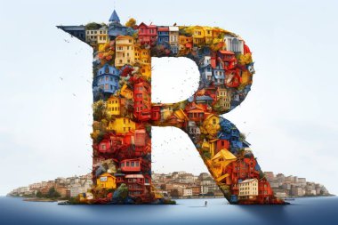 Canlı bir dijital sanat illüstrasyonunda renkli evler tarafından oluşturulan ve mimari veya kentsel gelişim kavramları için ideal R harfi yer alıyor. Bu eşsiz tasarım tipografi ve yaratıcı tasarımı birleştirir, mükemmel....