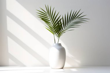 El değmemiş beyaz bir vazo, parlak yeşil palmiye yapraklarını temiz beyaz bir duvara sergiler ve minimalist ve modern bir estetik yaratır. İç tasarım, ev dekorasyonu ya da spa temalı sağlık içeriği için mükemmel.