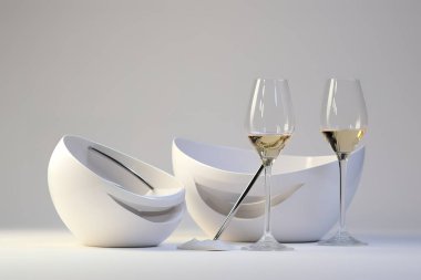 Zarif bir beyaz kasede modern, minimalist bir içecek sunumunun bir parçası olarak şarap bulunur. Kristal cam kaplama ve parlak ışıklandırma içeren bu natürmort yaşam etkinlik veya gurme içeriği için idealdir.
