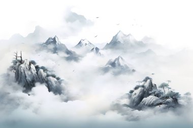 Güzel bir Çin manzarası sisli dağları, kabarık bulutları ve uçan kuşları yakalar. Bu dingin suluboya sanat eseri sükuneti çağrıştırıyor, dekor, duvar sanatı ve dijital arkaplan için mükemmel..