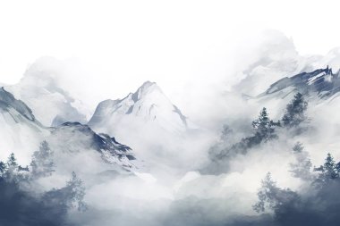 Sakin karla kaplı dağlar ve sisli çam ağaçları bu atmosfer boyalı manzaraya hakim. Seyahat, tasarım ya da sanat projeleri için mükemmel olan suluboya resim, huzurlu ve ruhani bir kış manzarasını çağrıştırıyor..