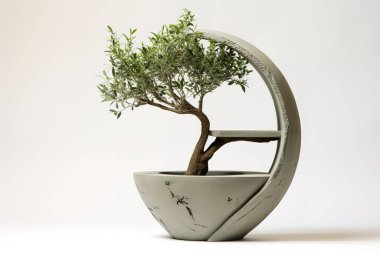 Şık, izole edilmiş bir beton ekicisi temiz beyaz arka planda küçük, zarif bir zeytin ağacı sergiliyor. Minimalist iç tasarım için ideal, bu modern botanik görüntü sükuneti ve evi gösteriyor....