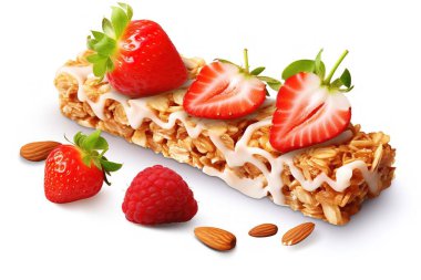 Temiz beyaz arka planda izole edilmiş taze çilek ve bademlerle kaplı lezzetli, çıtır çıtır bir granola bar. Sağlıklı yiyecekleri, kahvaltı seçeneklerini veya vejetaryenleri sergilemek için ideal...