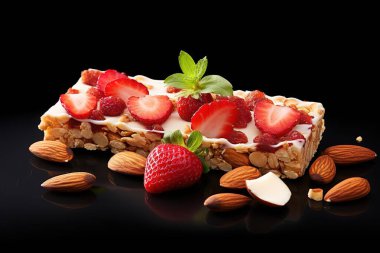 Yakın çekim bir stüdyo çekiminde parlak siyah arka planda taze bademlerle lezzetli bir çilekli granola bar sergilenir. Sağlıklı atıştırmalıkları, kahvaltıyı veya vejetaryen yiyecekleri sergilemek için idealdir..