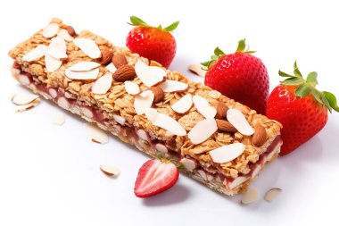 Taze çilek ve dilimlenmiş bademlerle süslenmiş, tek, iştah açıcı granola bar, el değmemiş beyaz bir arka planda duruyor. Sağlıklı beslenme, kahvaltı ve diyet odaklı içeriği göstermek için mükemmel..