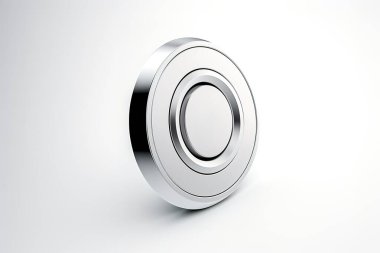 Modern, üç boyutlu bir illüstrasyonda parlak beyaz arka planda izole edilmiş parlak, gümüş metalik bir daire düğmesi sergileniyor. Web tasarımı, UI / UX veya dijital arayüz için ideal...