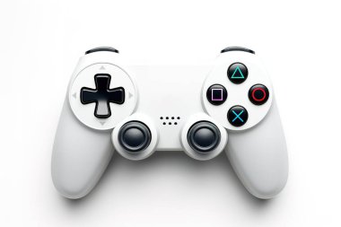 Beyaz bir PlayStation DualShock 4 denetleyicisi, ikonik düğmeler ve semboller içeren beyaz bir arkaplanda izole edilmiş. Oyun, teknoloji ve konsol tasarım projeleri için ideal, bu modern oyun aletini vurgulamak için.