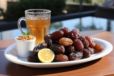 Lezzetli hurmaların, ferahlatıcı bitkisel çayın ve beyaz tabakta limonlu fındıkların olduğu sakin bir hayatın tadını çıkar. Sağlıklı beslenme, Ramazan veya Ortaçağ için mükemmel bir örnektir....