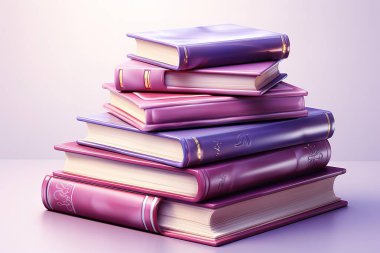 Pembe ve mor kapaklı resimli kitaplardan oluşan canlı bir yığın çarpıcı bir görüntü yaratır. Eğitici materyaller için mükemmel, bu stüdyo fotoğraf çekimleri okuma, edebiyat ve güzelliği...