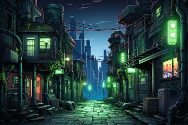 Gece vakti fütüristik bir şehirde canlı, neon ışıklı siber punk sokak sahnesini keşfedin. Bu dijital sanat çizimi, arka plan, tasarım veya tasarım için mükemmel neon ışıklarla kentsel bozulmayı çağrıştırıyor....