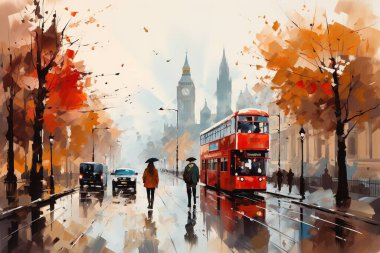 Yağmurlu bir Londra caddesinin canlı suluboya resmini deneyin, klasik bir çift katlı otobüsle. Seyahat, turizm ve sanat projeleri için mükemmel, ikonik şehrin özünü yakalamak için..