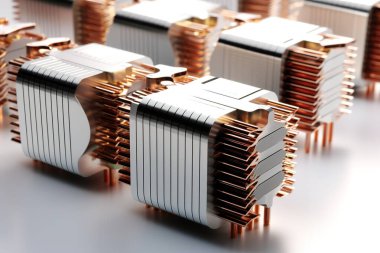 Detaylı bir yakın plan çekimde modern metalik bir CPU ısı lavabosu bakır yüzgeçler ve iğnelerle sergileniyor. Bu yüksek teknoloji soğutma bileşeni oyun bilgisayarları, sunucular ve veri merkezleri için idealdir....