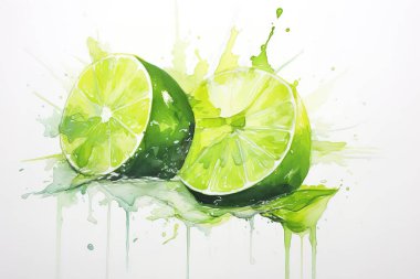 Canlı suluboya resim, beyaz arka planda yeşil lekeli taze, sulu limonlar sergiliyor. Yemek, içecek ve botanik detaylarıyla sağlıklı, sanatsal bir illüstrasyon gerektiren yaşam tarzı projeleri için mükemmel....