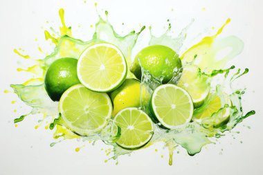 Canlı bir suluboya illüstrasyonunda dinamik su sıçratan taze, sulu limonlar sergileniyor ve ferahlatıcı bir tasarım yaratılıyor. Sağlıklı, tropikal estetik gerektiren yemek, içecek ya da mutfak projeleri için mükemmel..