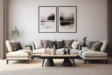 Modern bir oturma odasında nötr tonlu minimalist tasarım sergilenir. Bu resimde zarif dekorla tamamlanmış bir kanepe ve koltuk da dahil olmak üzere şık mobilyalar yer almaktadır. Evi resmetmek için mükemmel...