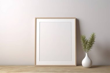 Tahta zeminde minimalist bir bitki vazosuyla nötr bir duvara yaslanmış zarif boş bir çerçeve. Bu model sanat, tasarım sunumları için temiz bir zemin sağlar veya...