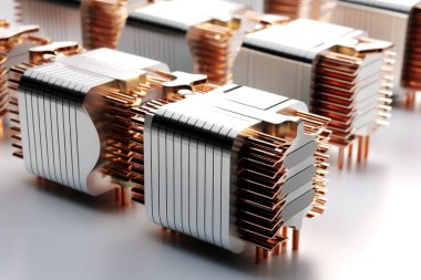 Detaylı bir yakın plan çekimde modern metalik bir CPU ısı lavabosu bakır yüzgeçler ve iğnelerle sergileniyor. Bu yüksek teknoloji soğutma bileşeni oyun bilgisayarları, sunucular ve veri merkezleri için idealdir....
