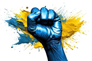 Mavi bir yumruk, parlak sarı bir boyaya karşı güçlü bir şekilde yükselir ve beyaz bir zemine sıçrar. Bu soyut sanat eserleri özgürlük, güç, protesto ve birlik temalarını çağrıştırıyor....
