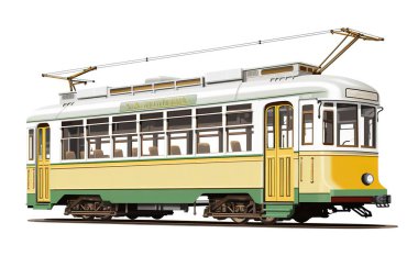 Klasik sarı, yeşil ve beyaz tramvayı beyaz arka planda tasvir eder. Retro tramvayın bu vektör grafiği seyahat, turizm ya da...