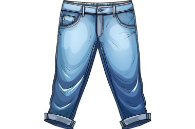Canlı bir karikatür çizimi, beyaz üzerine izole edilmiş, şık katlanmış kelepçeli mavi kot pantolon tasvir eder. Bu vektör grafiği modern modayı vurgular, tasarım projeleri, giyim modelleri veya gelişigüzel modeller için idealdir...
