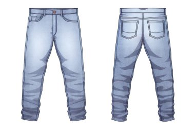 Açık mavi kot pantolonun ön ve arka görüntülerini gösteren suluboya çizimler. Bu sanatsal moda illüstrasyonunda cepler, dikişler ve bel bandı gibi detaylar ön plana çıkarılıyor. Kıyafet tasarımı veya yaşam tarzı içeriği için mükemmel..