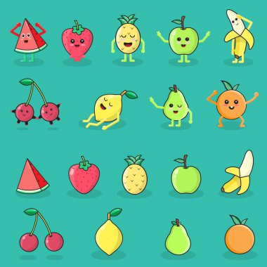 elma, çilek, armut, muz, kiraz, karpuz ve portakal meyvesi karakter vektörleri