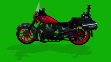 Kırmızı Siyah Polis Motosikleti 3D Canlandırma Görünümü Sol Taraftan Yeşil Ekran