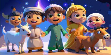 Colorful 3D Cartoon of Boys with Their Favorite Qurbani Animals