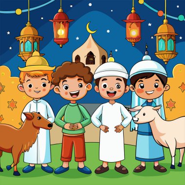 Joyful Boys in Traditional Islamic Dress with Qurbani Animals Vector Art