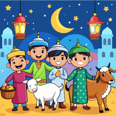 Festive 3D Cartoon of Boys in Islamic Dress and Qurbani Animals.