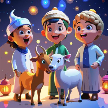 3D Cartoon of Boys Wearing Islamic Dress with Qurbani Animals