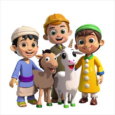Eid al-Adha Kids and Animals Cartoon in Vibrant 3D Style