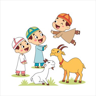 Eid Festival Cartoon Muslim Boys and Their Qurbani Animals