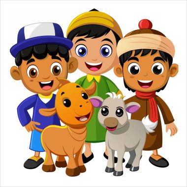 Cute 3D Cartoon of Boys in Islamic Clothes with Sacrifice Animals