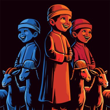 3D Cartoon Art of Boys in Islamic Dress with Their Eid Animals
