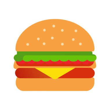 Hamburgerin düz tasarım çizimi. Hamburgerde daha hafif turuncu noktalı turuncu bir çörek, yeşil marul, dalgalı kenarlı kırmızı domates dilimleri, sarı peynir dilimi ve kırmızı bir köfte var. Arkaplan beyaz.