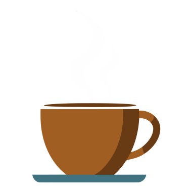 Kahverengi kahve fincanının düz bir tasarımı mavi bir fincan üzerinde duruyor. Bardağın tepesinden çıkan buhar, sıcak bir içeceği işaret ediyor. Arkaplan beyaz.