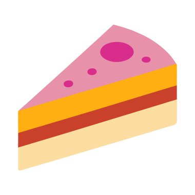 Üçgen şeklinde bir pasta diliminin stilize edilmiş, düz bir çizimi. Pastanın soluk sarı, kırmızı ve turuncu farklı katmanları vardır. Üst katman açık pembe kremayla kaplı. Çeşitli boyutlarda koyu pembe noktalarla süslenmiş. Görüntü bir w üzerinde izole edilir